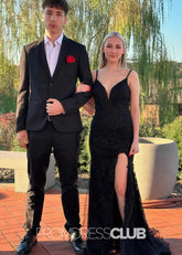 Jessica |Long Black Prom Dresses Near Me With Spaghetti Straps V - Neck Lace Appliques Mermaid Slit - Price #price_variant_lowest# - Black - PromDressClub